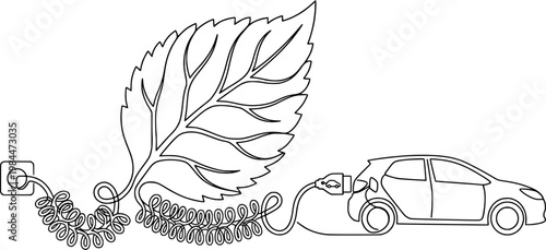 One Line Drawing of EV Charging Cable Leaf - Electric Vehicle and Eco-Transport Concept