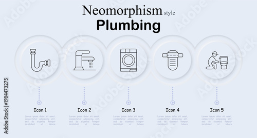 Plumbing set icon. Neomorphic circular interface line icons with pipe siphon curve, water faucet tap flow, washing machine appliance, pipe filter valve, plumber repairing toilet.