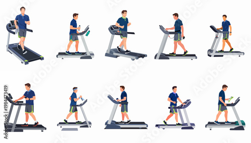 Collection of vector illustrations showing a man in sportswear exercising, walking, and running on a treadmill in various poses and activities.