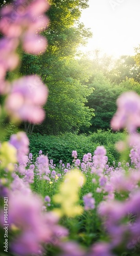 Enchanting Meadow: A Serene View of Lavender Flowers and Lush Greenery.