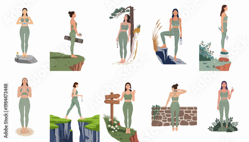 Collection of illustrations depicting a woman practicing wellness, yoga, meditation, and self-care in nature, wearing green athletic apparel.