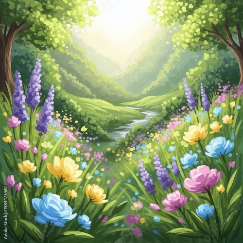 Enchanting Valley: A Vibrant Tapestry of Flowers and Natures Embrace.