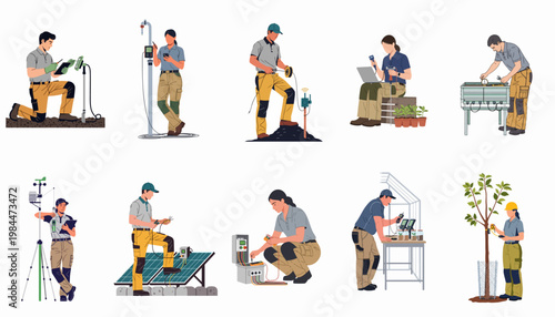 Collection of diverse technicians performing environmental monitoring, smart agriculture tasks, and renewable energy maintenance using advanced sensor technology and digital tools.