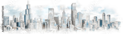 A panoramic cityscape with skyscrapers of varying architecture and heights. The graceful lines and soft blue tones of watercolor and ink create a sense of lightness and airiness.