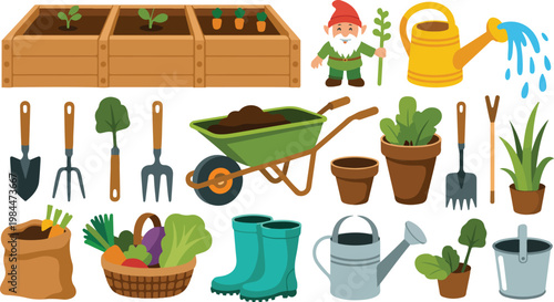 Flat cartoon gardening illustration set with tools raised bed plants watering can gnome and wheelbarrow in horizontal layout