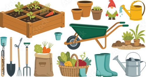Flat cartoon gardening illustration set with tools raised bed plants watering can gnome and wheelbarrow in horizontal layout