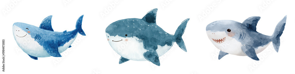 Obraz premium Set of three cute watercolor shark illustrations