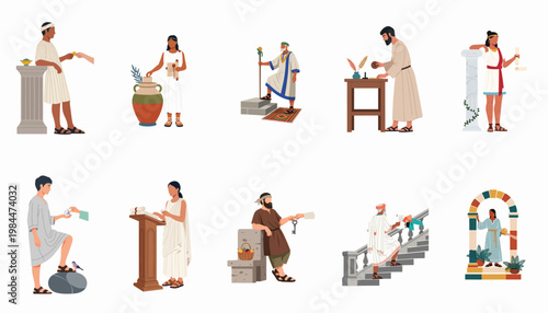 Collection of Flat Vector Illustrations Featuring Ancient Greek and Roman Characters Engaged in Various Historical Daily Activities and Professions