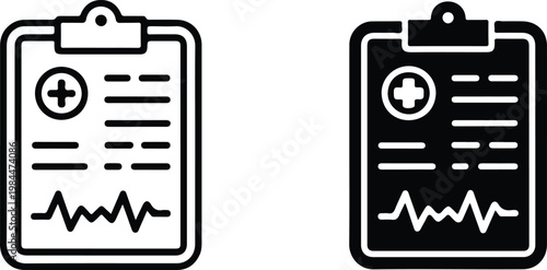 Minimalist medical clipboard icon set featuring healthcare document symbols with cross mark text lines and heartbeat waveform design