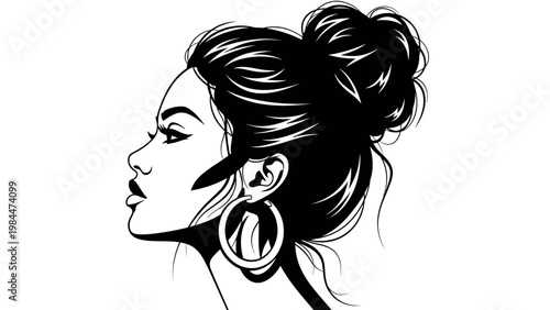 Elegant Woman Profile, Black and White, Updo Hairstyle, Hoop Earrings, Fashion Illustration