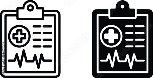 Minimalist medical clipboard icon set featuring healthcare document symbols with cross mark text lines and heartbeat waveform design