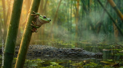 Green tree frog clinging to a wet bamboo stalk, observing a stealthy crocodile in murky water. Tense jungle wildlife scene.