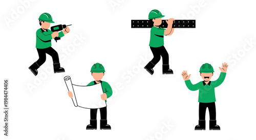 Cartoon illustration of four construction workers performing various tasks including drilling, carrying materials, reviewing plans, and celebrating success on a white background.