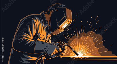 A skilled welder in protective gear creates bright sparks while working on metal in a dark industrial setting.
