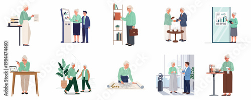 Collection of illustrations showing a senior woman active in various professional business situations and office tasks.