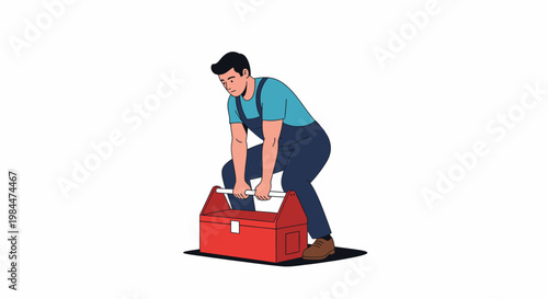 A male worker in blue overalls carefully lifts a heavy red toolbox from the ground, demonstrating proper lifting posture and safety.