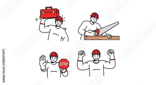 A set of four illustrations depicting a construction worker's daily activities, including safety concerns, sawing wood, stopping work, and celebrating success.