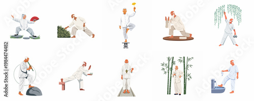 Illustrations of an elderly Asian man practicing traditional activities like Tai Chi, meditation, and gardening for health, wellness, and mindful living.