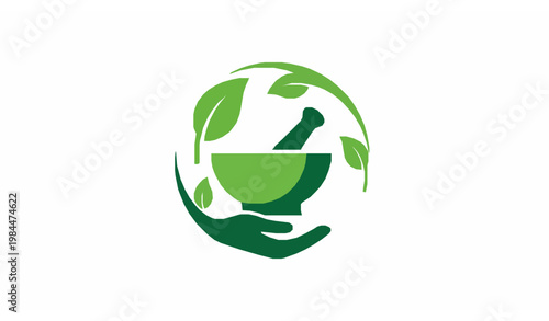 Natural healthcare logo herbal medicine mortar pestle leaf hand eco wellness vector symbol