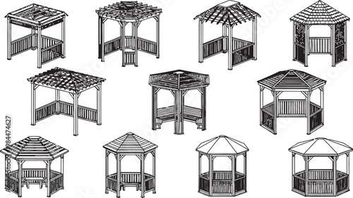 Collection of intricate gazebo designs a black and white architectural study