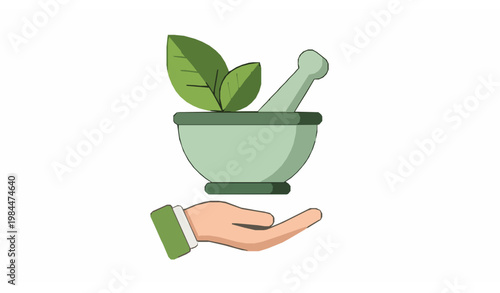 Herbal medicine icon mortar pestle leaves and hand natural healthcare vector symbol