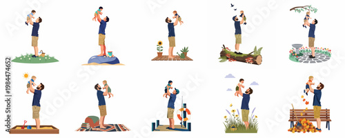 Collection of illustrations showing a father lifting his baby in various indoor and outdoor settings, celebrating fatherhood and family bonding throughout the year.