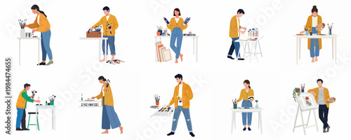 Set of creative people, artists, and painters working with various tools like brushes, paints, and easels in a flat character illustration style.
