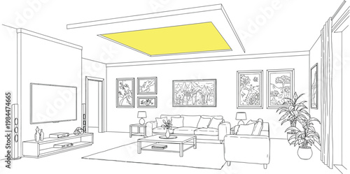 Architectural sketch of a modern interior with a highlighted ceiling feature
