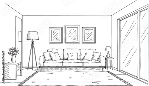 Artistic sketch of a modern living room interior with sofa artwork and large windows