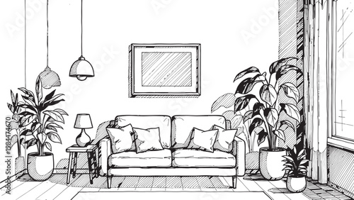 Sketch of a cozy living room featuring a loveseat plants and wall decor rendered in a black and white style