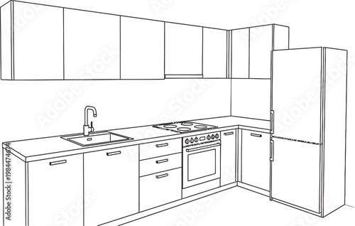 Sketch of a modern kitchen design with appliances and countertops