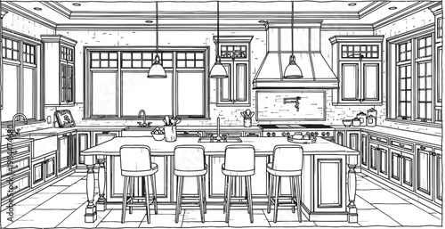 Elegant kitchen interior sketch a detailed architectural rendering of a luxurious dining and cooking space