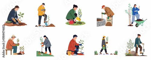 Diverse people planting trees and gardening collection, illustrating environmental care, sustainability, and reforestation efforts in a flat vector design style.