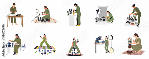 Flat illustration collection of professional female photographers and videographers using various cameras, lenses, and lighting equipment in different studio and lifestyle settings.