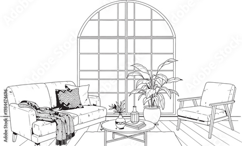 Architectural sketch of a sunroom with furniture and plants