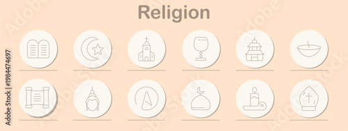 Religion spiritual set icon. Line style icons display commandments tablets, crescent star, church building, chalice cup, pagoda temple, incense bowl, scroll scripture, prayer figure