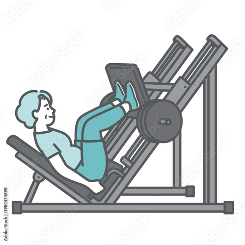 笑顔でレッグプレスをするぽっちゃりシニア女性のイラスト