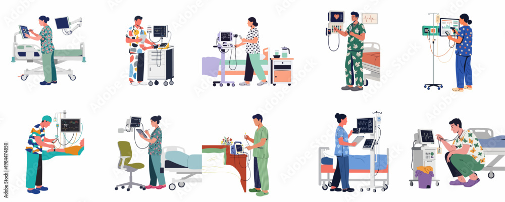 Fototapeta premium Collection of diverse medical professionals in colorful scrubs working with advanced technology and equipment in a hospital or clinical setting.