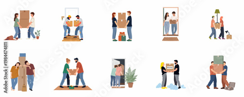 Collection of flat-style illustrations depicting various people moving house, carrying boxes, and entering their new home together.