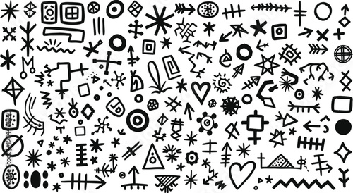A dense collection of hand drawn black symbols and abstract shapes on a white background
