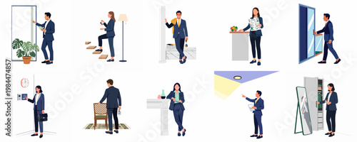 Collection of diverse real estate agents in business suits performing various property management and sales tasks in residential interiors.