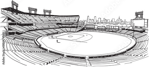 A detailed black and white sketch of a baseball stadium filled with spectators capturing the energy of the game