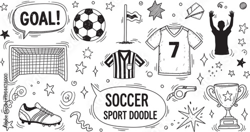 A whimsical black and white doodle collection celebrating the sport of soccer including equipment and celebratory elements