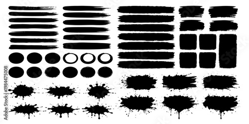 Vector set of black ink blots and grunge paint splashes featuring dirty brush stroke textures and vintage splatter frames for artistic border design elements