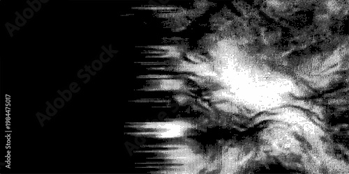 A black and white cartoon illustration of a cat and mouse playing against an abstract backdrop of dark storm clouds, blue smoke, and moonlit fog