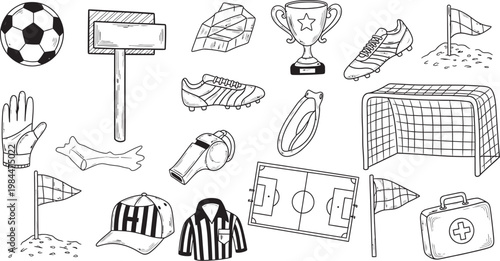 Sketch collection of various sports equipment and items including soccer and referee gear