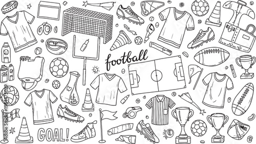 Hand drawn sports equipment and apparel doodle collection a detailed black and white illustration