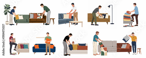 Set of men decorating living rooms by arranging pillows and cushions on various sofas and couches in a modern flat illustration style.