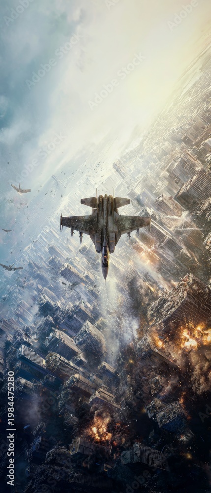 Fototapeta premium Warplanes invade urban ruins: a striking aerial view. Visual poster. Fighter jet engages in low-altitude assault over urban devastation. Epic poster. Action poster.