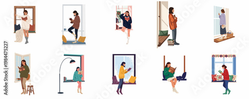 Set of Illustrations Depicting Women Reading Books and Relaxing in Cozy Indoor Settings by the Window for a Hygge Lifestyle